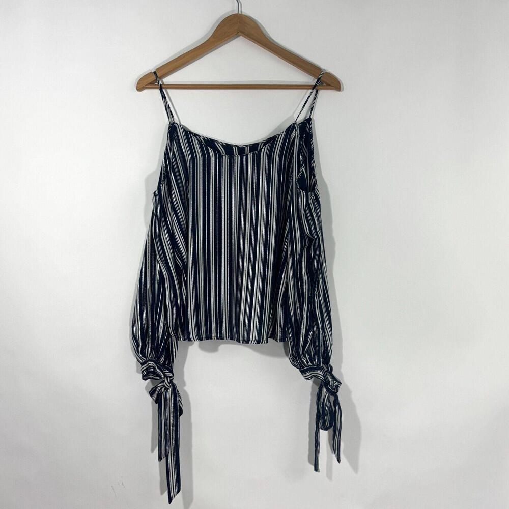 Lush Women’s Size Small Blue Silver Metallic Cold Shoulder Tie Sleeve Blouse - Picture 7 of 11